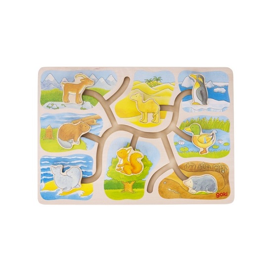 Puzzle labirint din lemn Casutele animalelor, Goki