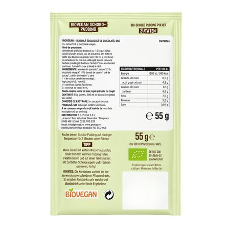 Budinca bio de ciocolata fara gluten, 55 g, Biovegan 799384