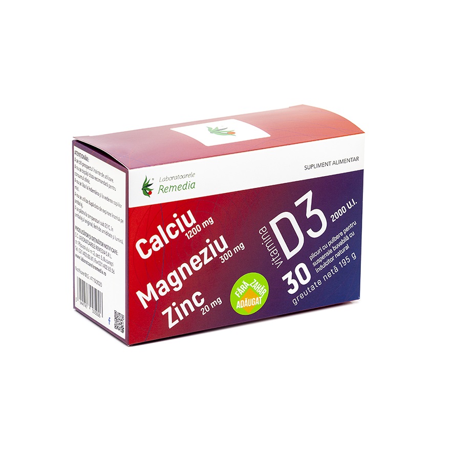 Calciu, Magneziu, Zinc si vitamina D3, 30 plicuri, Remedia