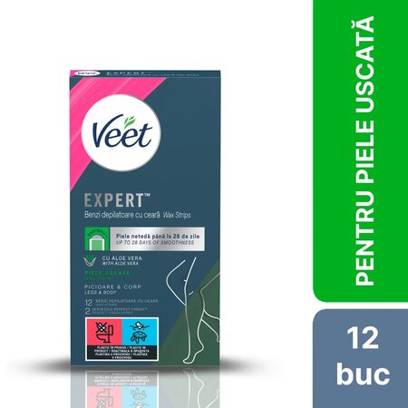 Benzi depilatoare cu ceara Aloe Vera, 12 benzi, Veet