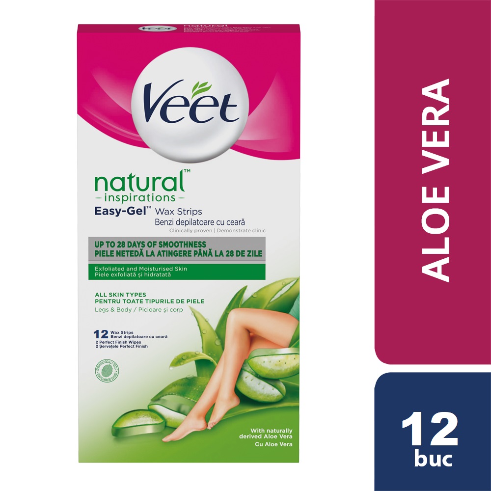 Benzi depilatoare cu ceara Easy Gel, 12 benzi, Aloe Vera, Veet