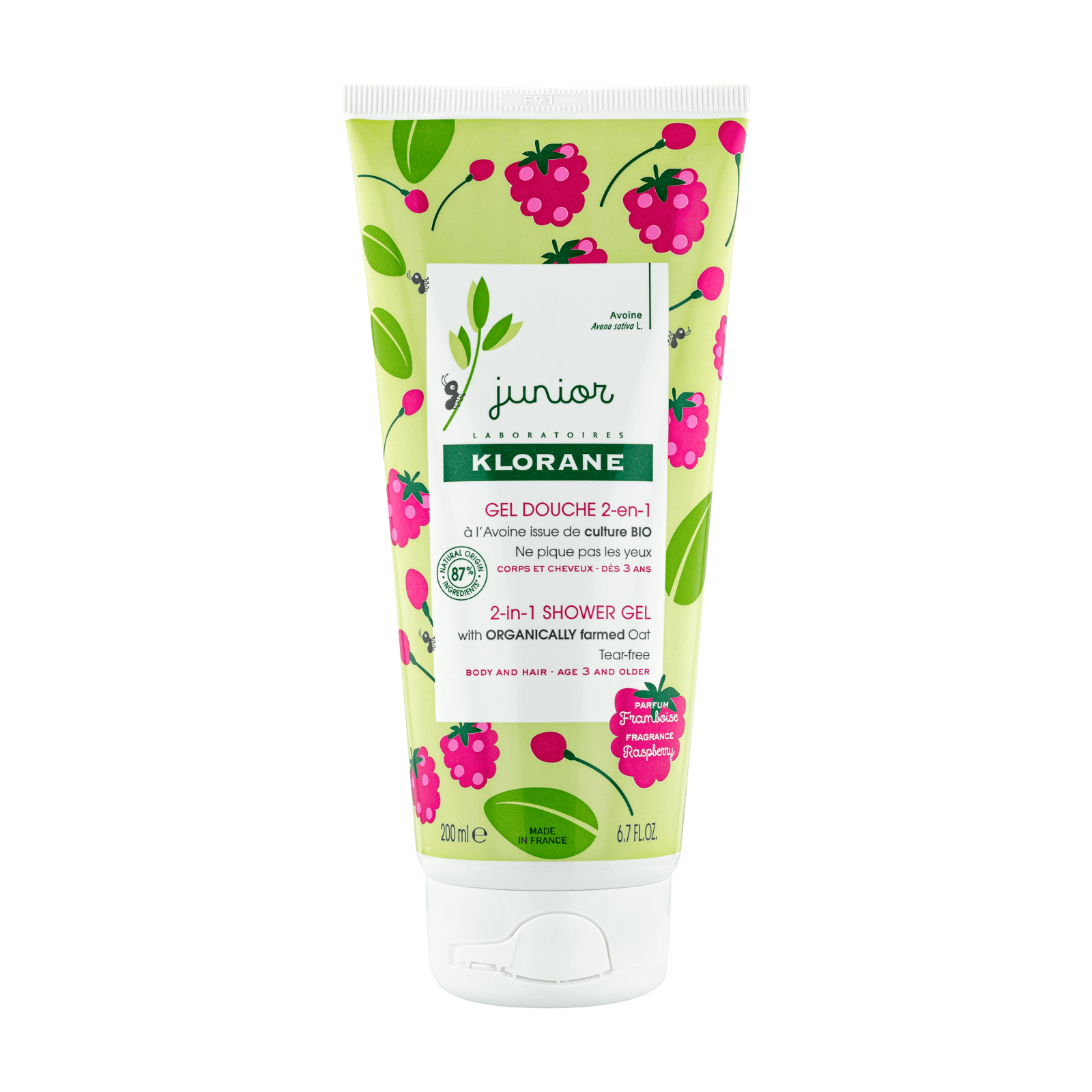 Gel de dus 2 in 1 cu aroma de zmeura Klorane Junior, +3 ani, 200 ml, Klorane Junior