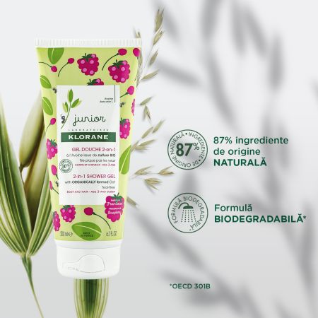 Gel de dus 2 in 1 cu aroma de zmeura Klorane Junior, +3 ani, 200 ml, Klorane Junior 515414