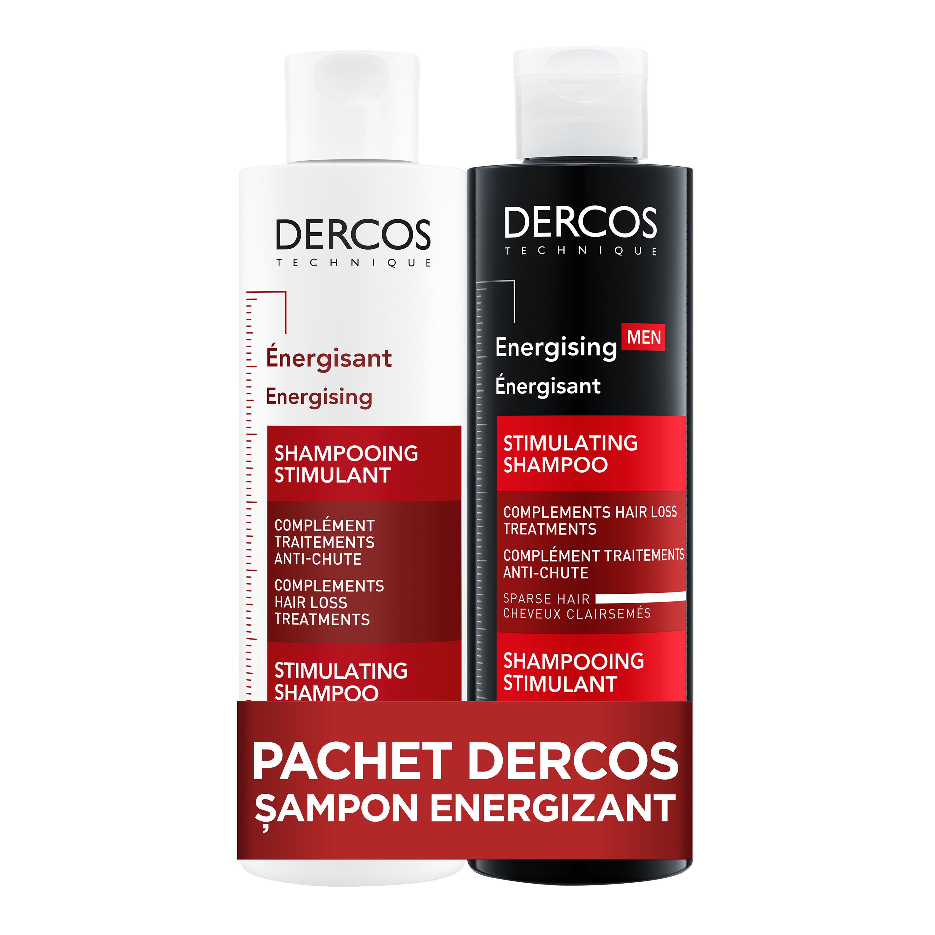 Pachet Sampon energizant cu Aminexil pentru barbati Dercos, 200 ml si Sampon energizant cu Aminexil pentru femei Dercos, 200 ml, Vichy