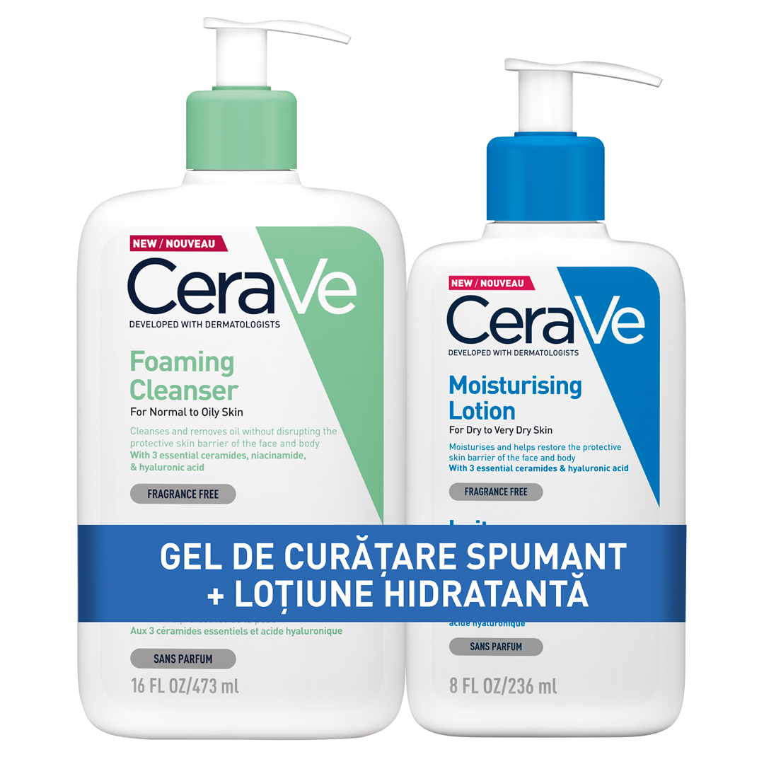 Pachet Gel de curatare pentru fata si corp si Lotiune hidratanta pentru fata si corp, 473 ml+236 ml, CeraVe