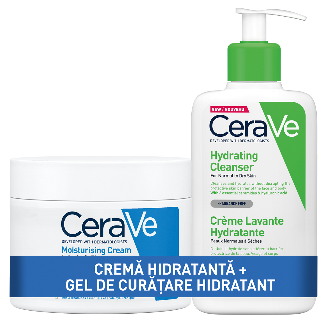 Pachet Crema Hidratanta pentru fata si corp, piele uscata si foarte uscata si Gel de spalare hidratant pentru piele normala si uscata, 340 g+236 ml, CeraVe