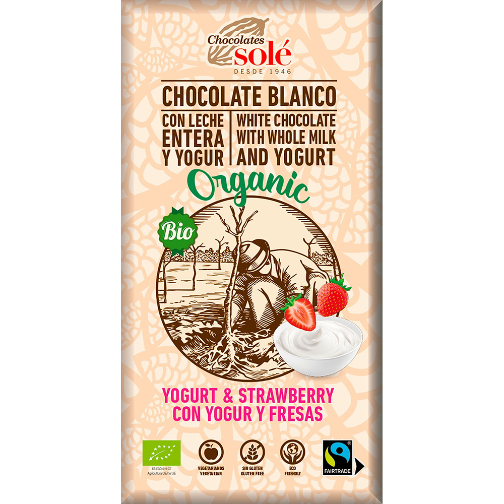 Ciocolata alba bio cu capsuni si iaurt, 100 g, Chocolates Sole