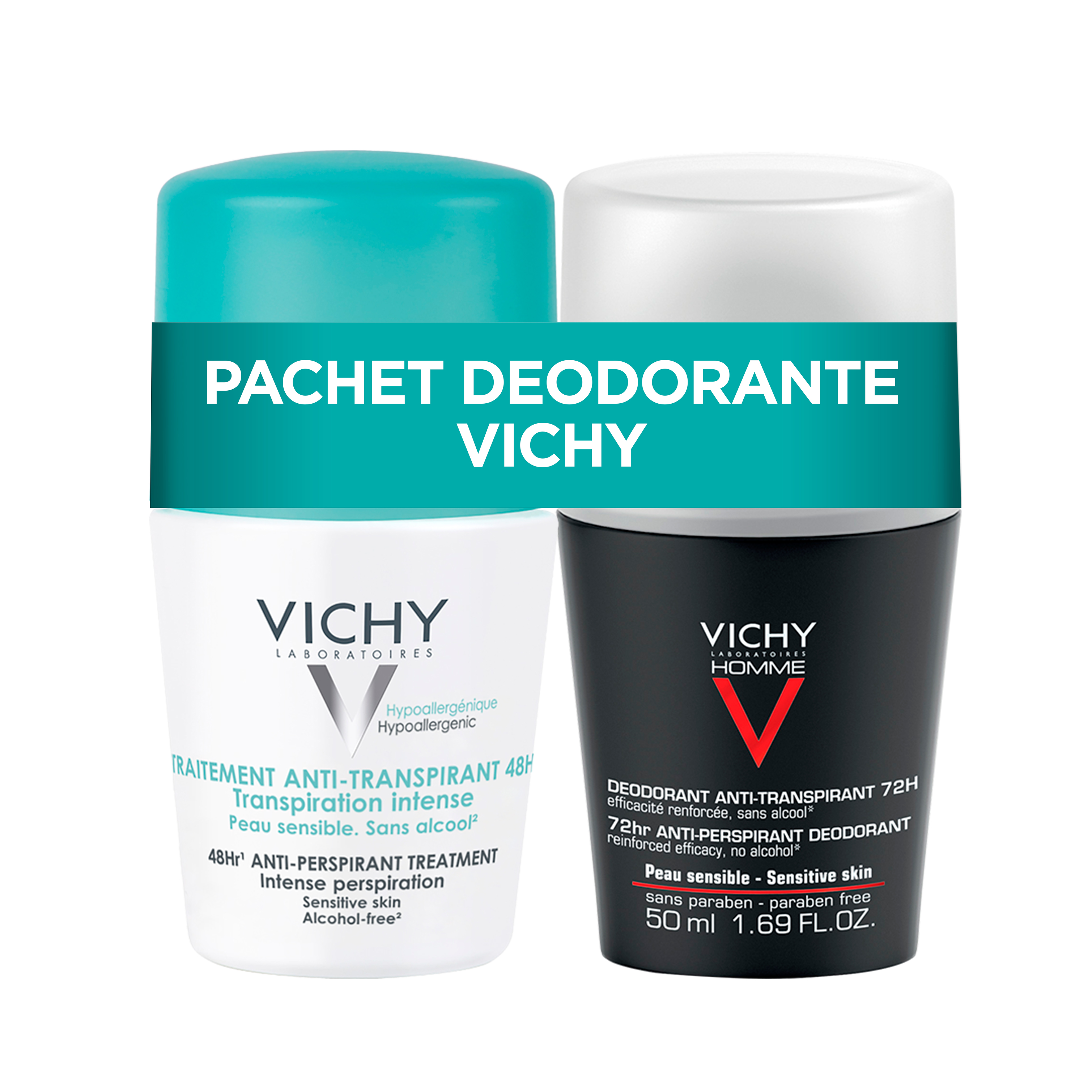  Oferta Pachet,Pentru Ea si El, Deo Roll-on 72 h pentru barbati 50 ml + Deo Roll-on 48 h cu parfum 50 ml, Vichy