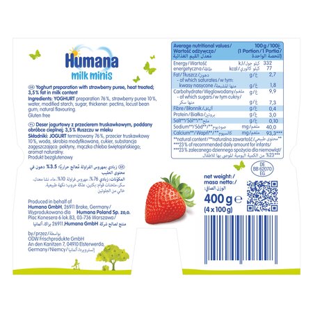 Iaurt cu capsuni Milk Minis, 8 luni+, 4 x 100 g, Humana 639738