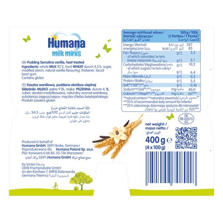 Budinca cu aroma de vanilie Milk Minis, +10 luni, 4x100 g, Humana 639759
