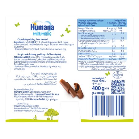 Budinca cu ciocolata Milk Minis, +10 luni, 4x100 g, Humana 639755