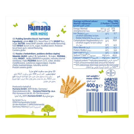 Budinca de gris cu biscuiti Milk Minis, +8 luni, 4x100 g, Humana 639749
