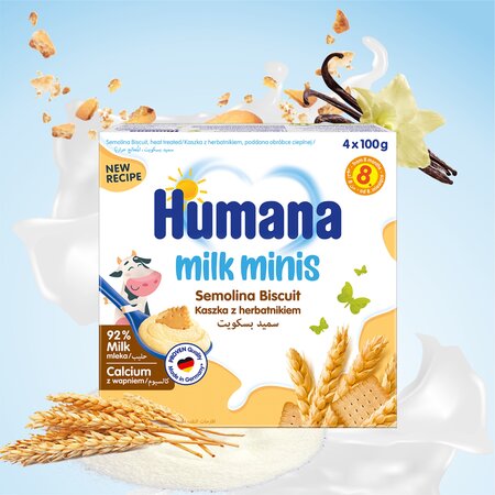 Budinca de gris cu biscuiti Milk Minis, +8 luni, 4x100 g, Humana 639750