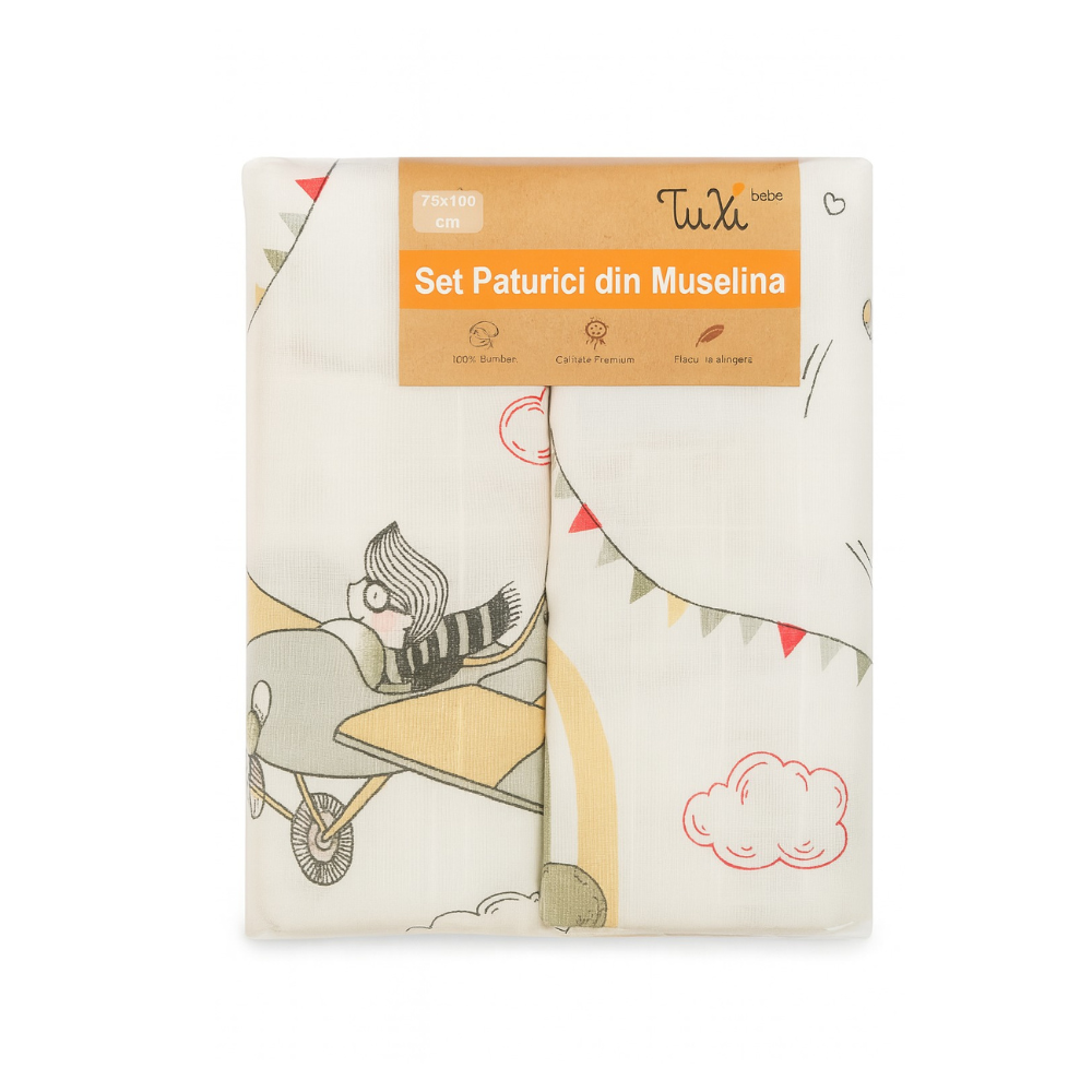 Set 2 scutece din muselina pentru bebe, 75x100 cm, Tuxi Brands