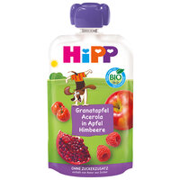 Piure Bio din mere, zmeura, rodie si acerola Hippis, 12 luni+, 100 g, Hipp