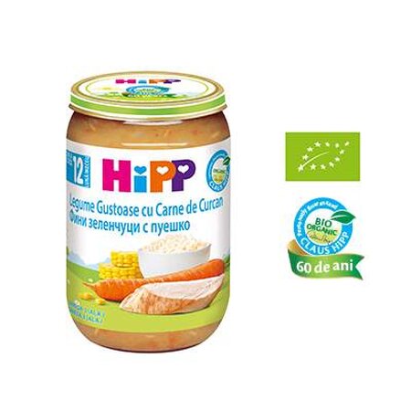 Piure legume gustoase cu orez si curcan, +12 luni, 220 g, Hipp 493820