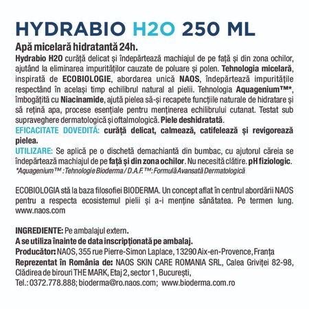 Apa micelara hidratanta Hydrabio H2O, 250 ml, Bioderma 796656