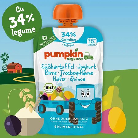 Piure Bio de cartofi dulci, iaurt, pere, prune uscate, ovaz si quinoa, +10 luni, 100 g, Pumpkin Organics 672683
