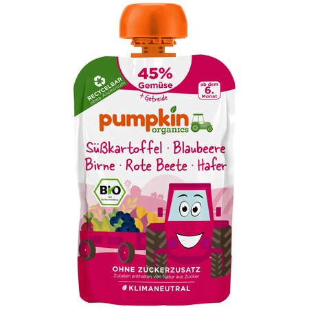 Piure Bio de legume si fructe, cartof dulce si afine, 100g, Pumpkin Organics