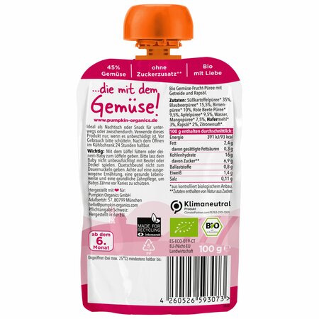 Piure BIO de carofi dulci, afine, pere, sfecla rosie si ovaz, +6 luni, 100 g, Pumpkin Organics 672084