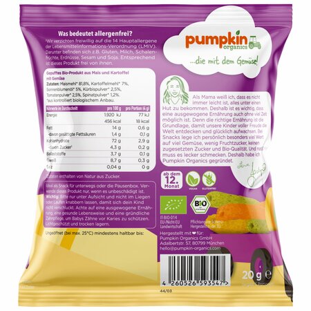 Snack Bio tubulete din porumb cu dovleac, rosii si spanac, 12 luni+, 20 g, Pumpkin Organics 672089