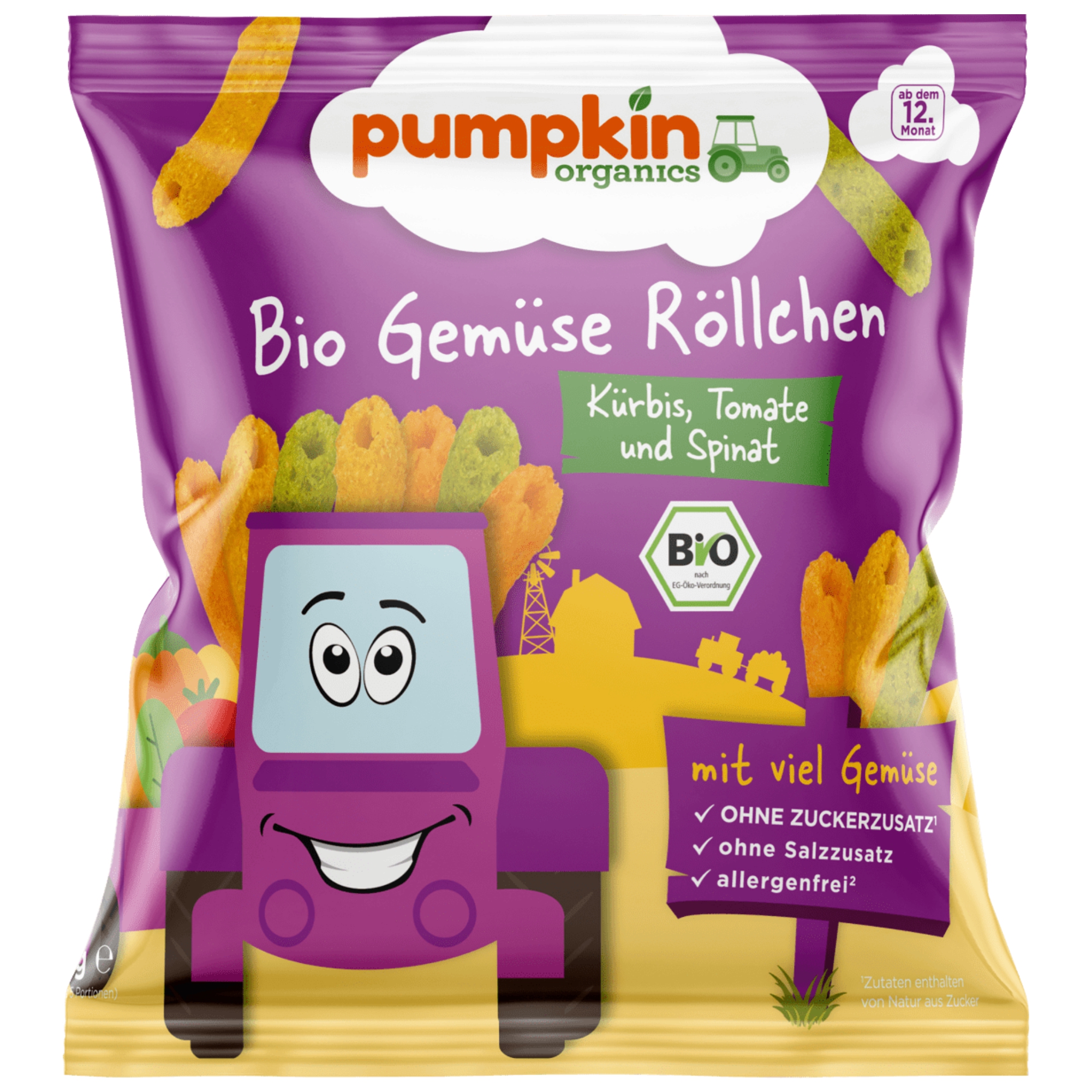 Snack Bio tubulete din porumb cu dovleac, rosii si spanac, +12 luni, 20 g, Pumpkin Organics