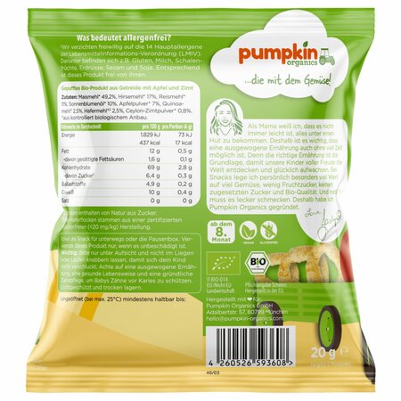 Snack Bio inele din multicereale cu mere si scortisoara, 8 luni+, 20 g, Pumpkin Organics 672092