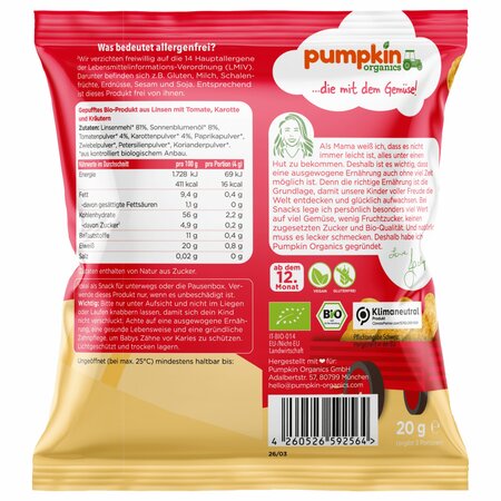 Snack Bio din linte cu rosii, morcov si verdeata, +12 luni, 20 g, Pumpkin Organics 672674