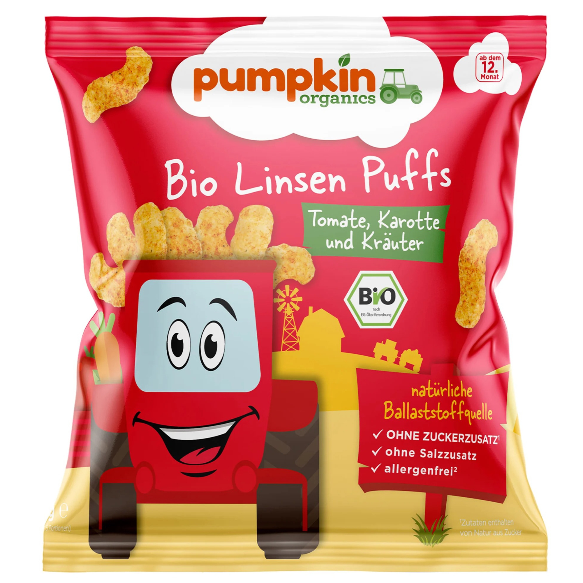 Snack Bio din linte cu rosii, morcov si verdeata, +12 luni, 20 g, Pumpkin Organics