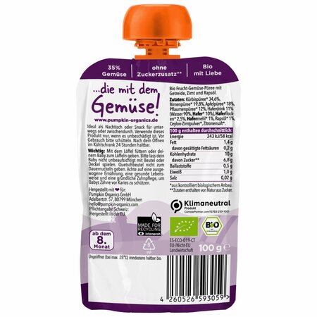 Piure Bio de dovleac, pere, mere, prune si ovaz, +8 luni, 100 g, Pumpkin Organics 672095