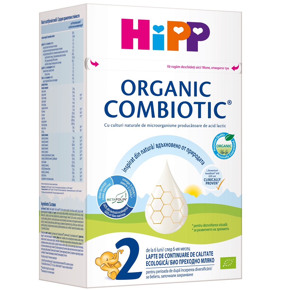 Lapte praf Bio formula de continuare Organic Combiotic 2, +6 luni, 800 g, Hipp