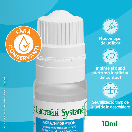 Picaturi oftalmice cu utilizare zilnica fara conservanti Systane Hydration, 10 ml, Alcon 816819