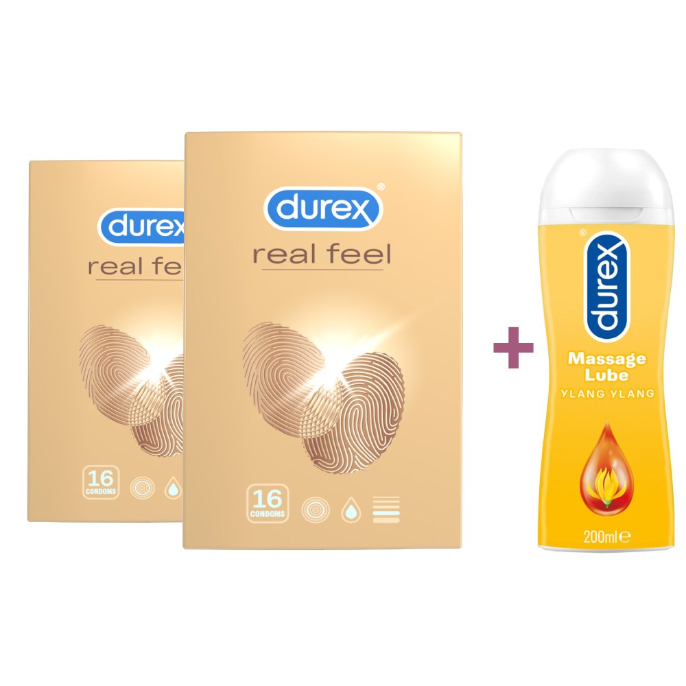 Pachet Prezervative Real Feel + Lubrifiant Massage Lube Ylang Ylang, 2x16 bucati + 200 ml, Durex