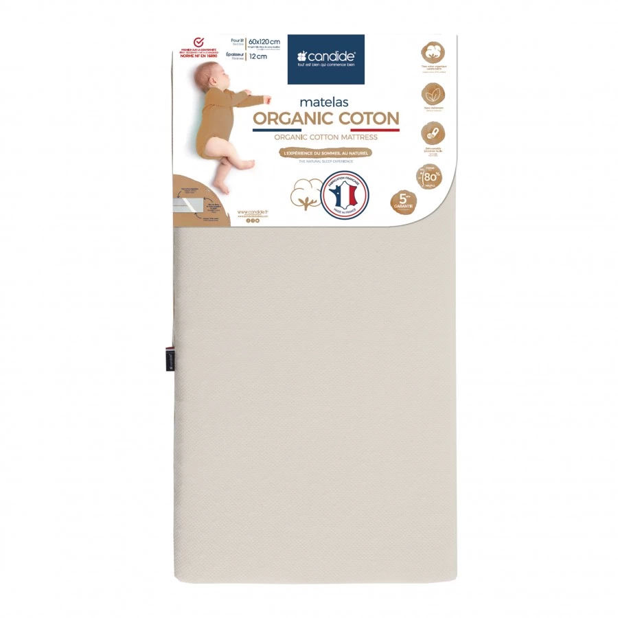 Saltea din bumbac organic pentru copii, 60x120x12 cm, Candide