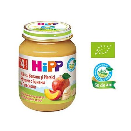 Piure de mere, banane si piersici, +4 luni, 125 gr, Hipp 499045