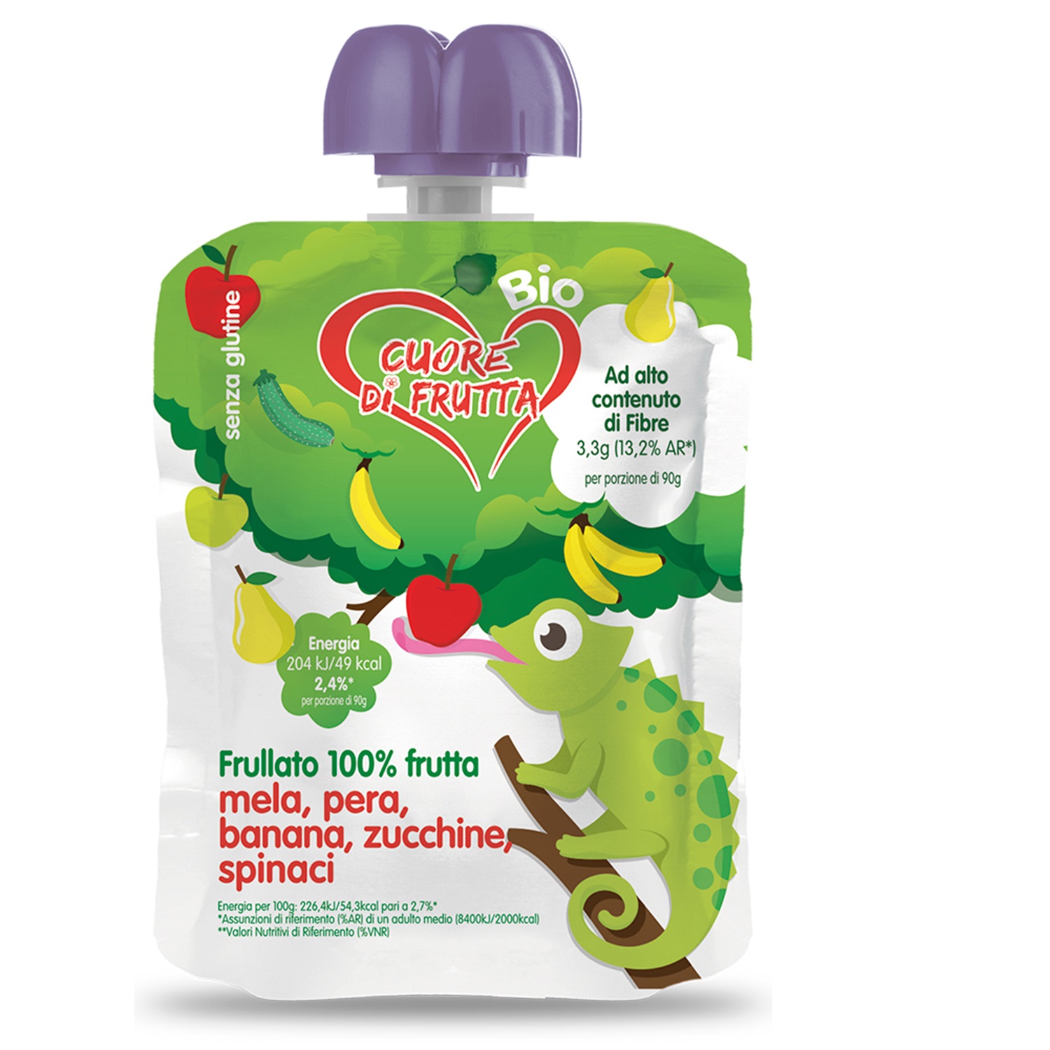 Smoothie bio din fructe si legume pentru copii Cameleon, 90 g, Cuore di frutta