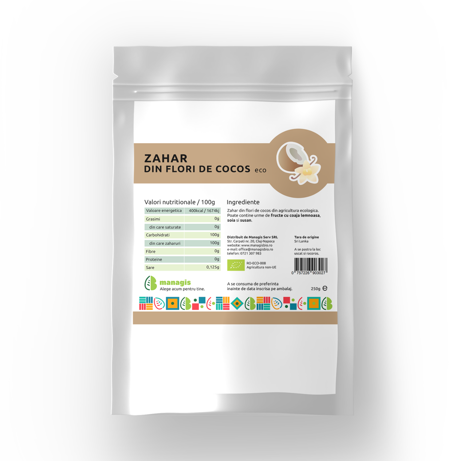 Zahar din flori de cocos Eco, 250 g, Managis