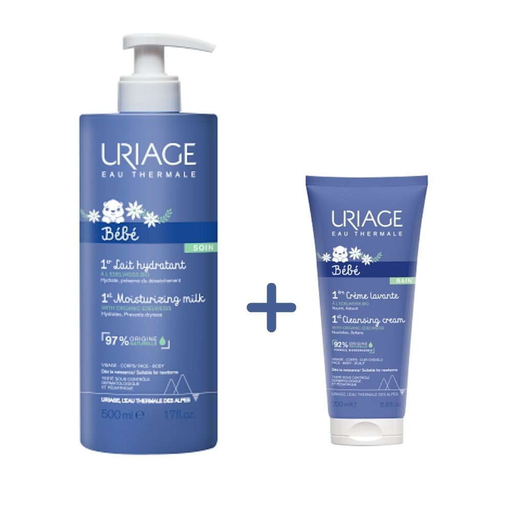 Pachet Lapte hidratant + Crema de curatare 1er Bebe, 500 ml + 200 ml, Uriage