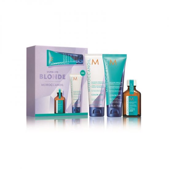 Pachet pentru parul blond sampon+balsam violet+ulei tratament Blond Ultimate Blonde, 70 ml + 75 ml + 25 ml, Moroccanoil