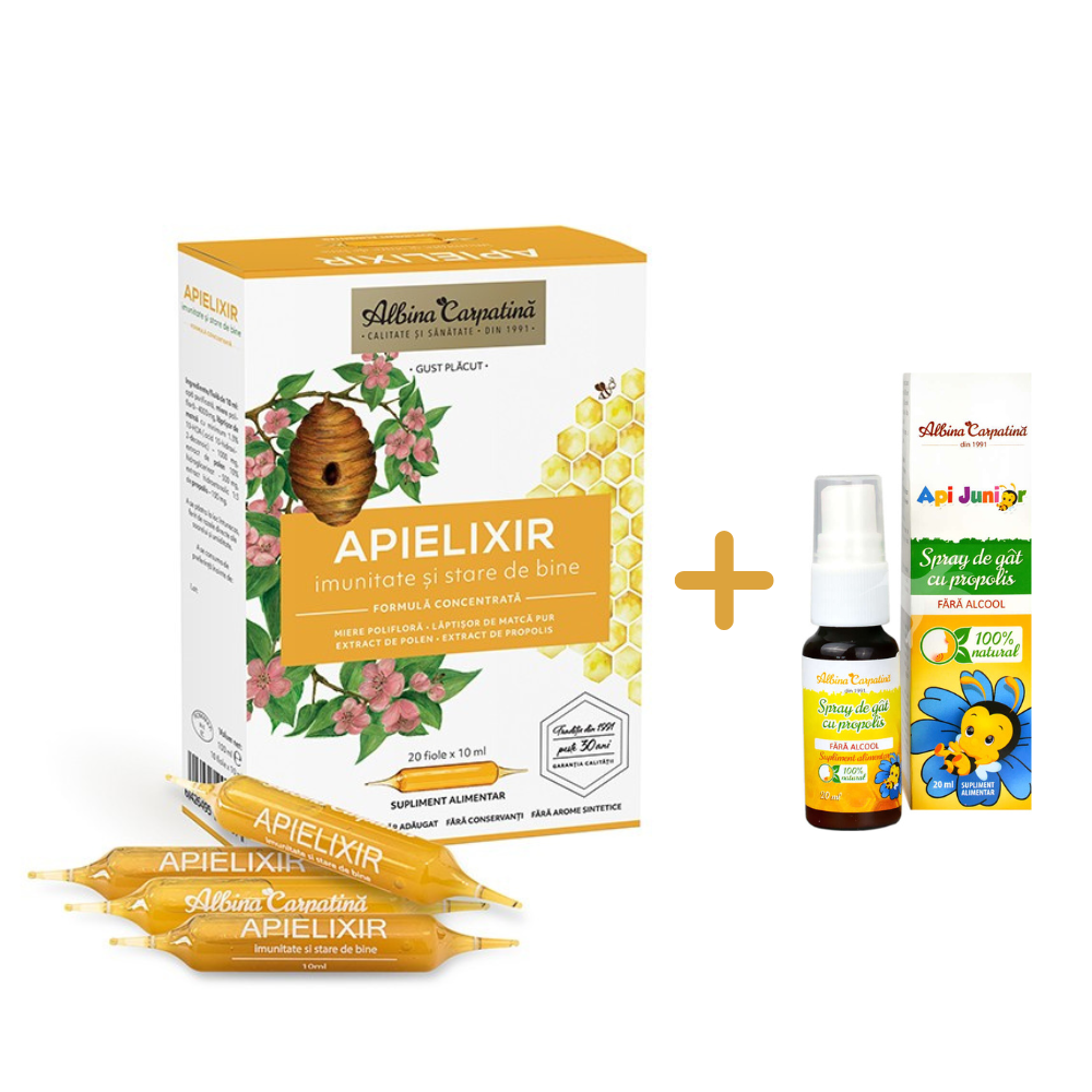 Pachet Apielixir imunitate si stare de bine + Spray de gat cu propolis Apijunior, 20 fiole + 20 ml, Albina Carpatina