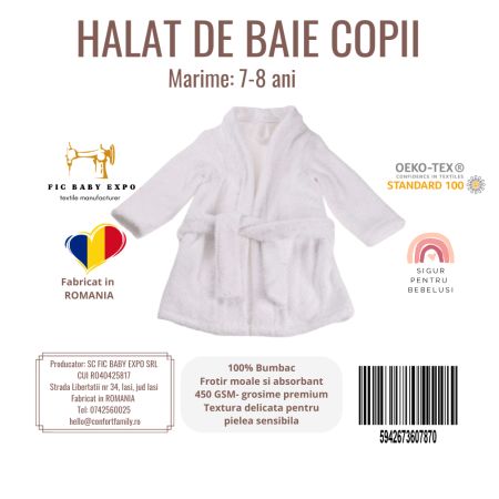Halat de baie pentru copii, Alb, 7-8 ani, Fic Baby 763679