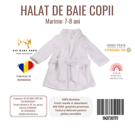 Halat de baie pentru copii, Alb, 7-8 ani, Fic Baby 763679