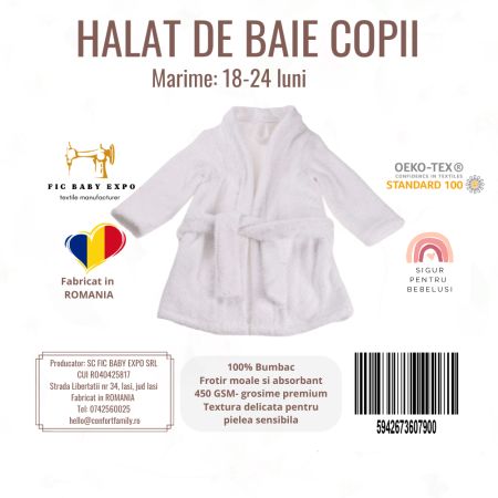 Halat de baie pentru copii, Alb, 18-24 luni, Fic Baby 763667