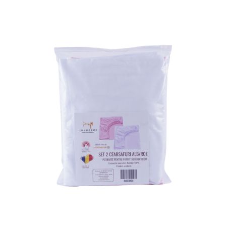 Set 2 cearceafuri pentru patut, 120x60 cm, Alb/Roz, Fic Baby 764326