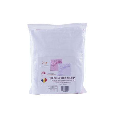 Set 2 cearceafuri pentru patut, 120x60 cm, Alb/Roz, Fic Baby 764326