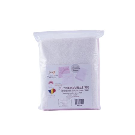 Set 2 cearceafuri pentru patut + protectie impermeabila, 120x60 cm, Alb/Roz, Fic Baby 764309