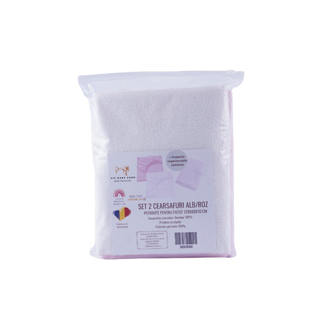 Set 2 cearceafuri pentru patut + protectie impermeabila, 120x60 cm, Alb/Roz, Fic Baby 764309