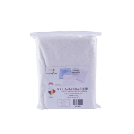 Set 2 cearceafuri pentru patut + protectie impermeabila, 120x60 cm, Alb/Blue, Fic Baby 764296