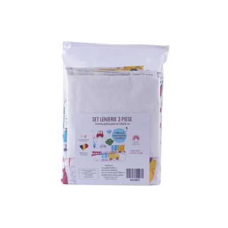 Lenjerie pentru patut, 120x60 cm, 3 piese, Masinute, Fic Baby 763721