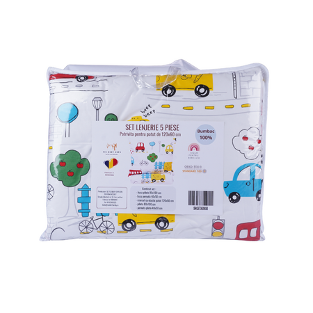 Lenjerie pentru patut cu 5 piese, 120x60 cm, Masinute, Fic Baby 763806